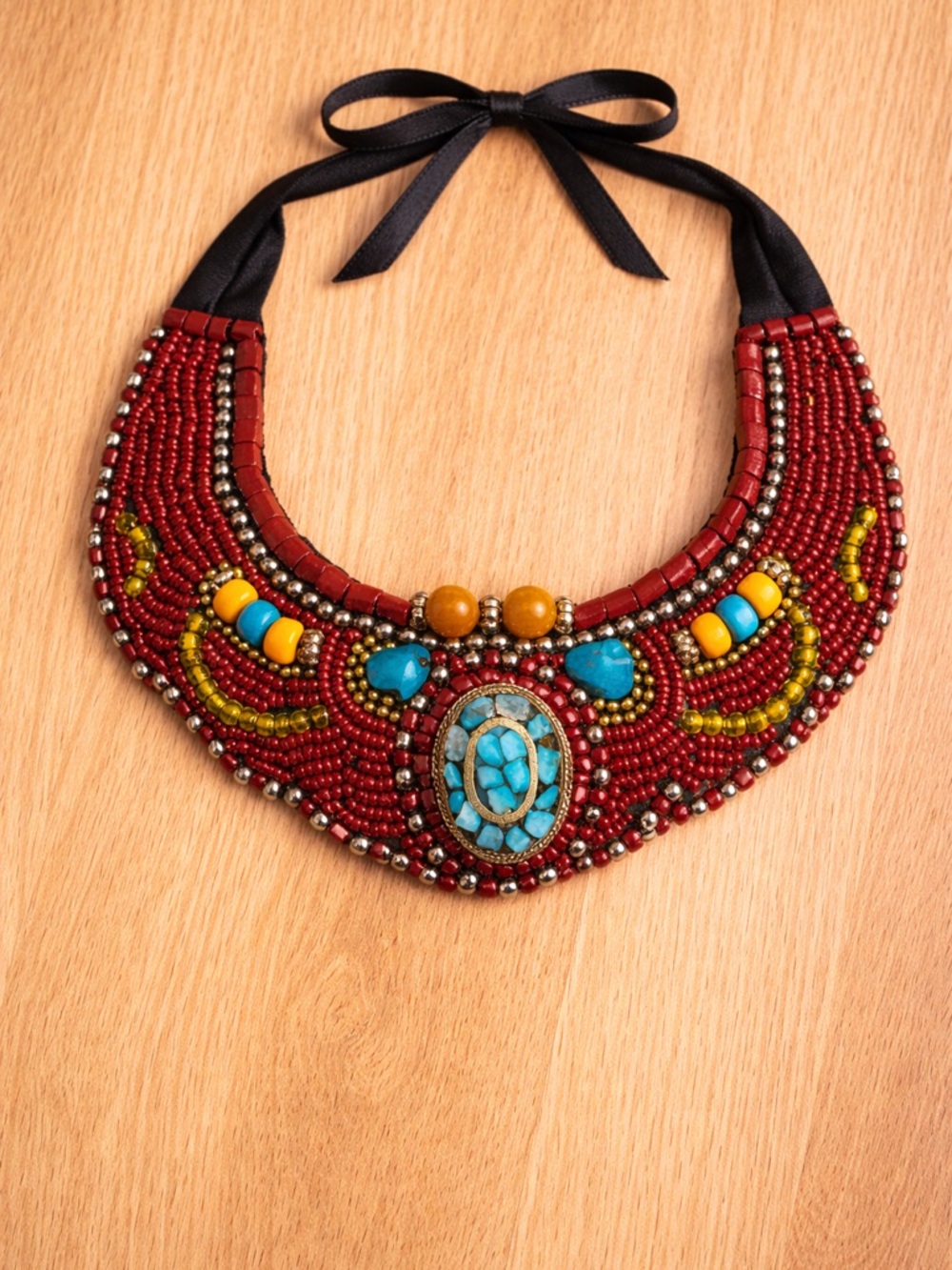 Boho Tribal Statement Beaded Bib Necklace Red Turquoise Style